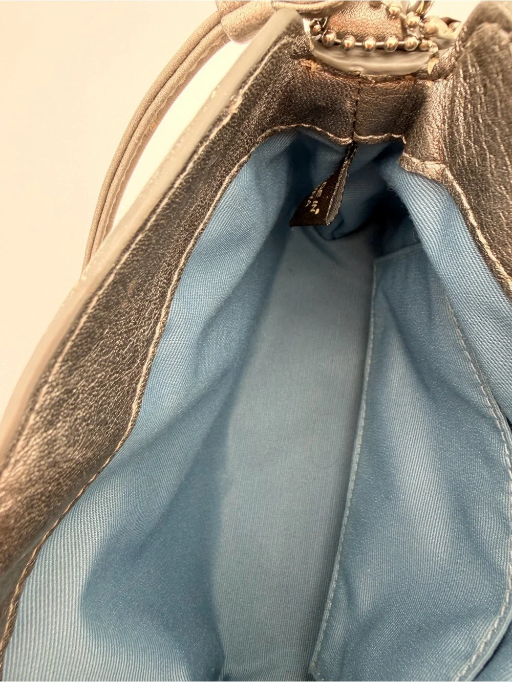 Coach Metallic Silver Shoulder Bag Silver Hardware Mini Demi Blue Turnlock CC